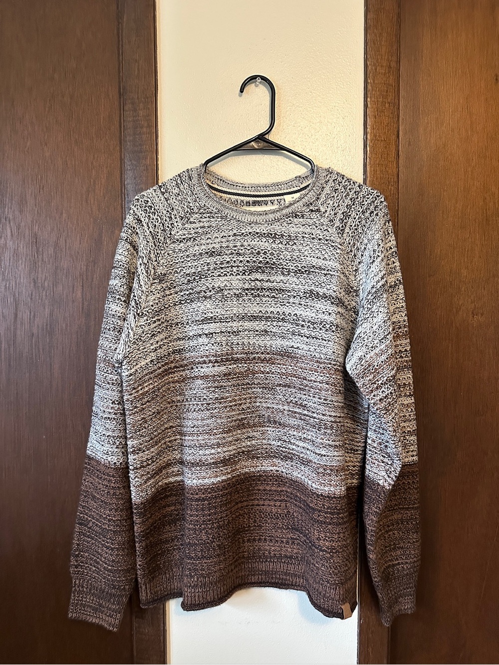 Weatherproof vintage acrylic sweater with horizontal stripes in shades of brown